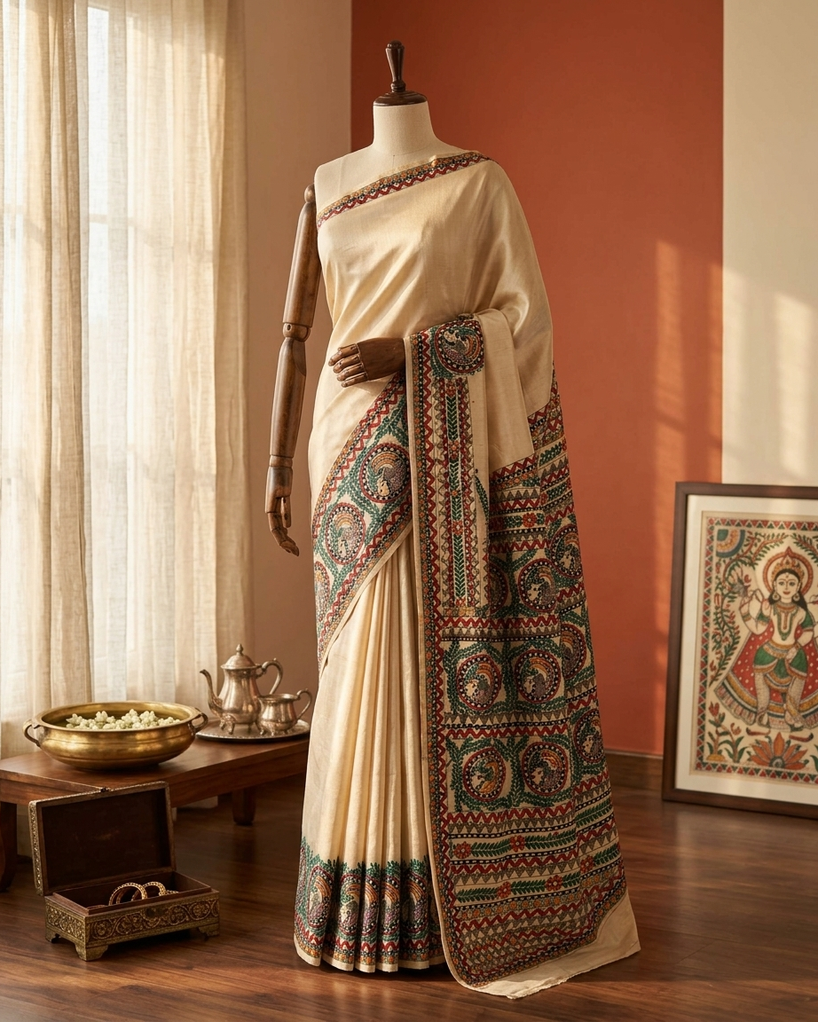 Handmade Madhubani Painting Saree with Blouse | Hand-Painted Ethnic Saree for Women