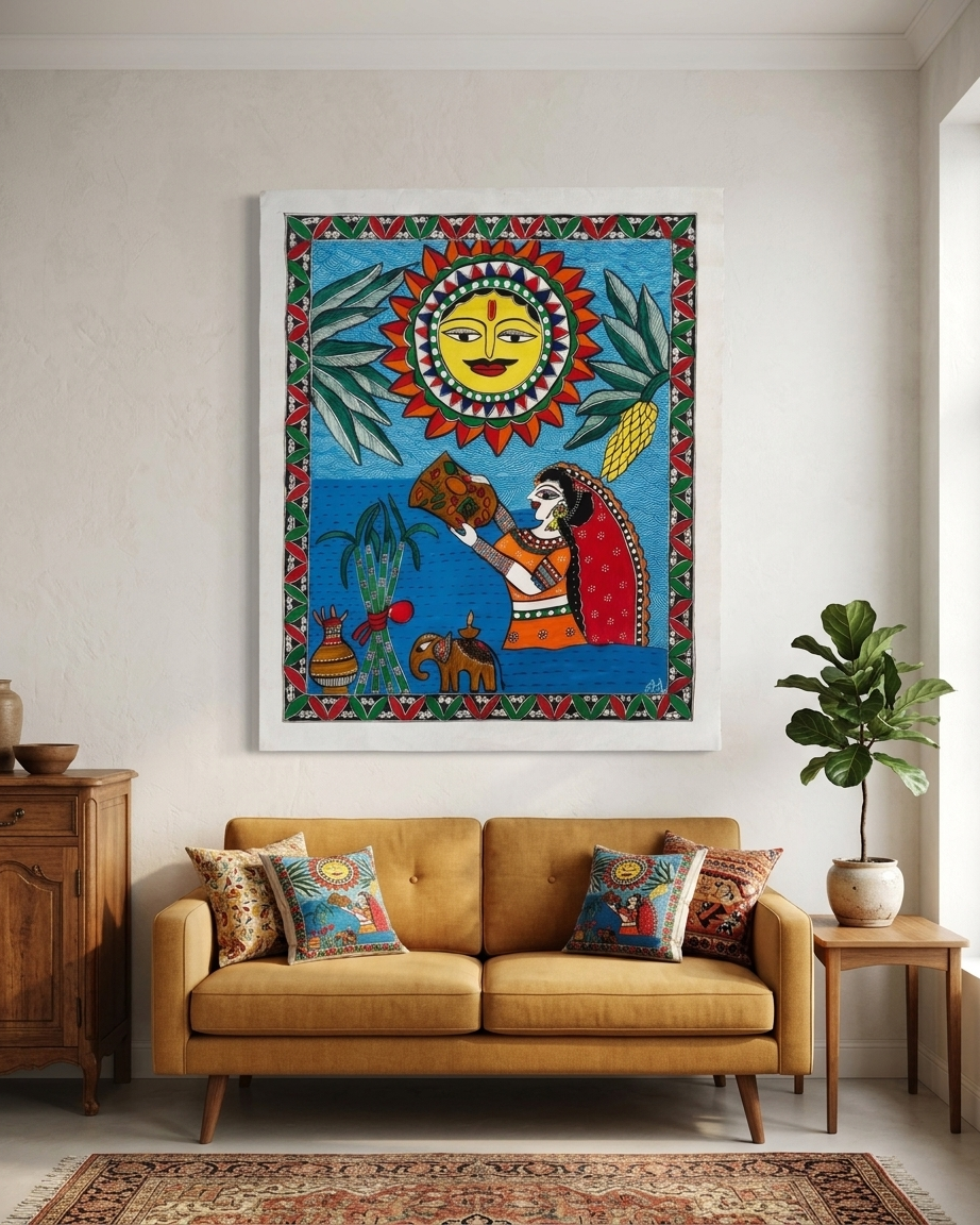 Chhath Puja Madhubani Painting – Handmade Traditional Indian Wall Art