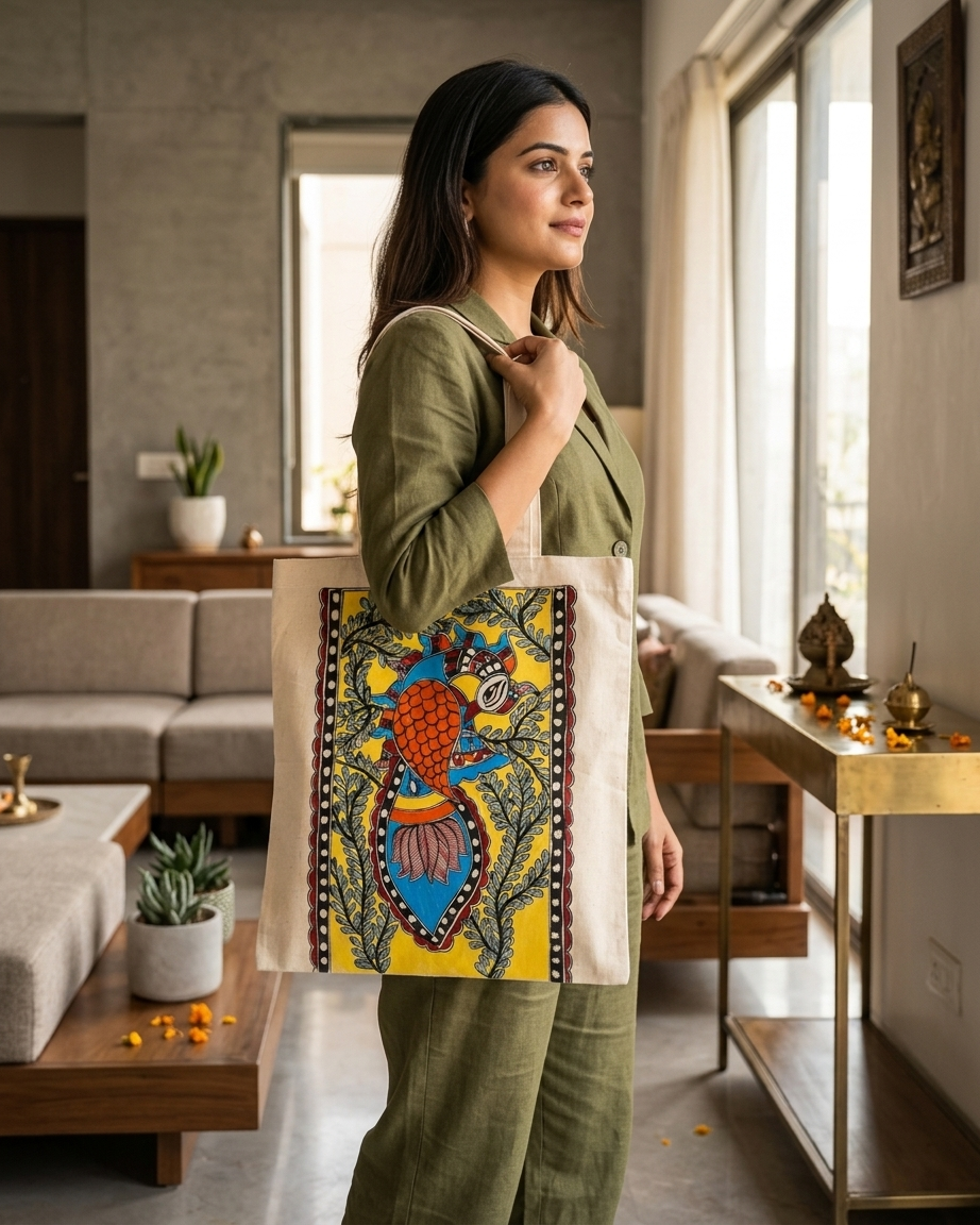 Handcrafted Madhubani Painting Tote Bag –  Eco-Friendly Shopping & Everyday Carry Bag