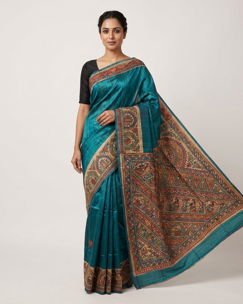 Blue Handmade Madhubani Painting  Saree with Blouse