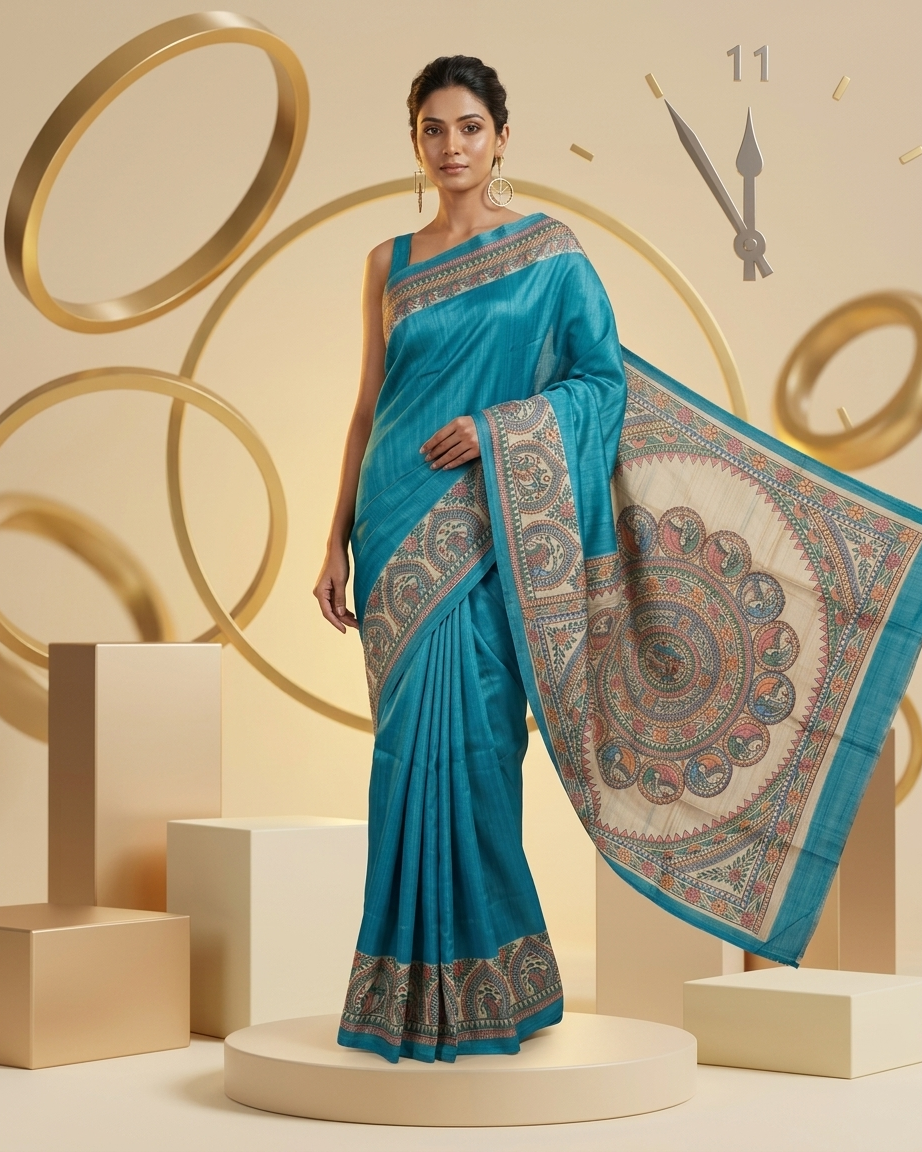 Bright Blue Handmade Madhubani Painting Saree with Blouse