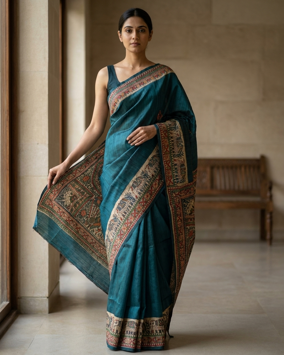 Traditional Blue Handmade Madhubani Painting Saree with Blouse