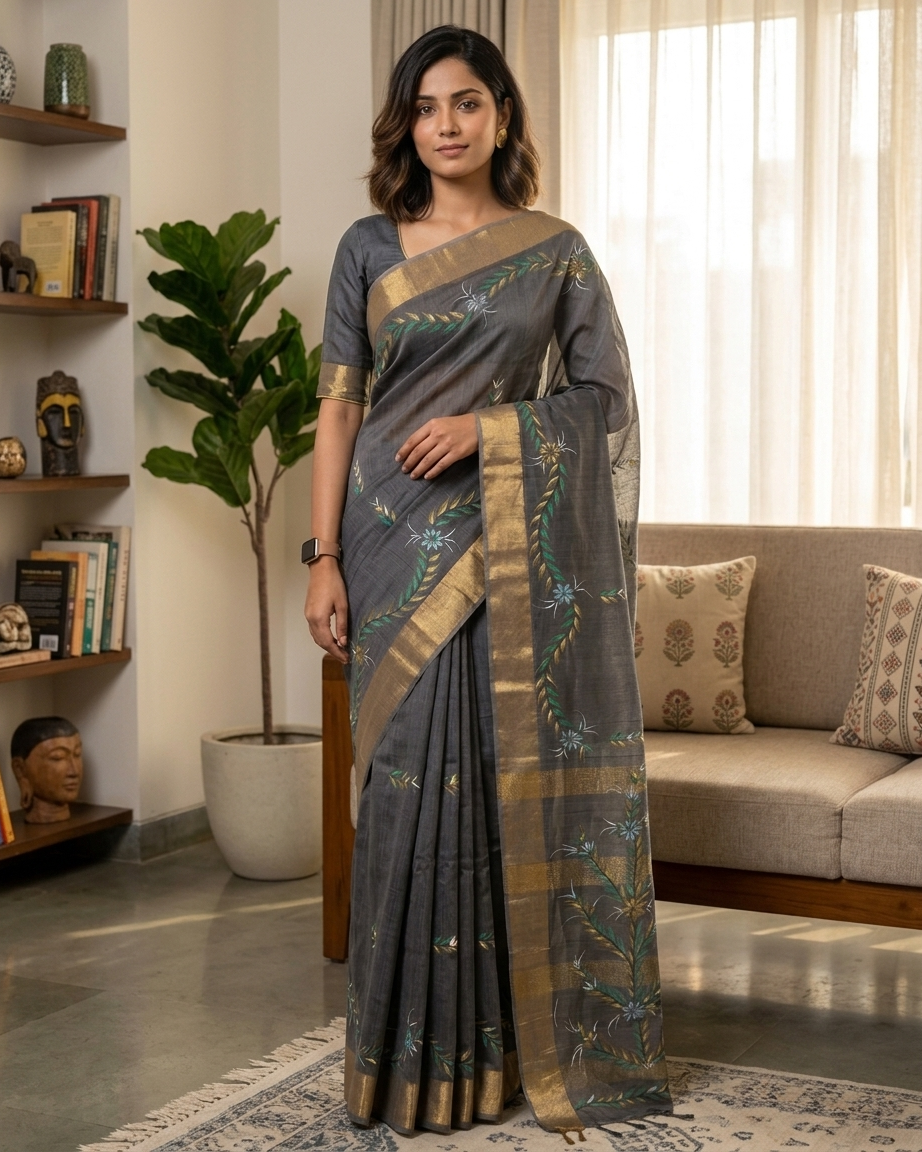 Dark Grey Handmade Madhubani Painting Saree with Blouse - Traditional Mithila Art
