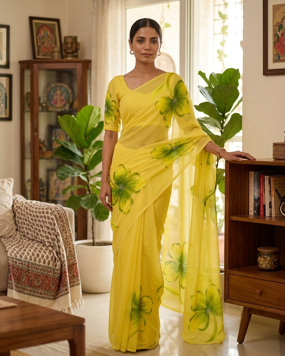Lemon Yellow Floral Handmade Madhubani Painting Saree with Blouse – Handcrafted Mithila Art