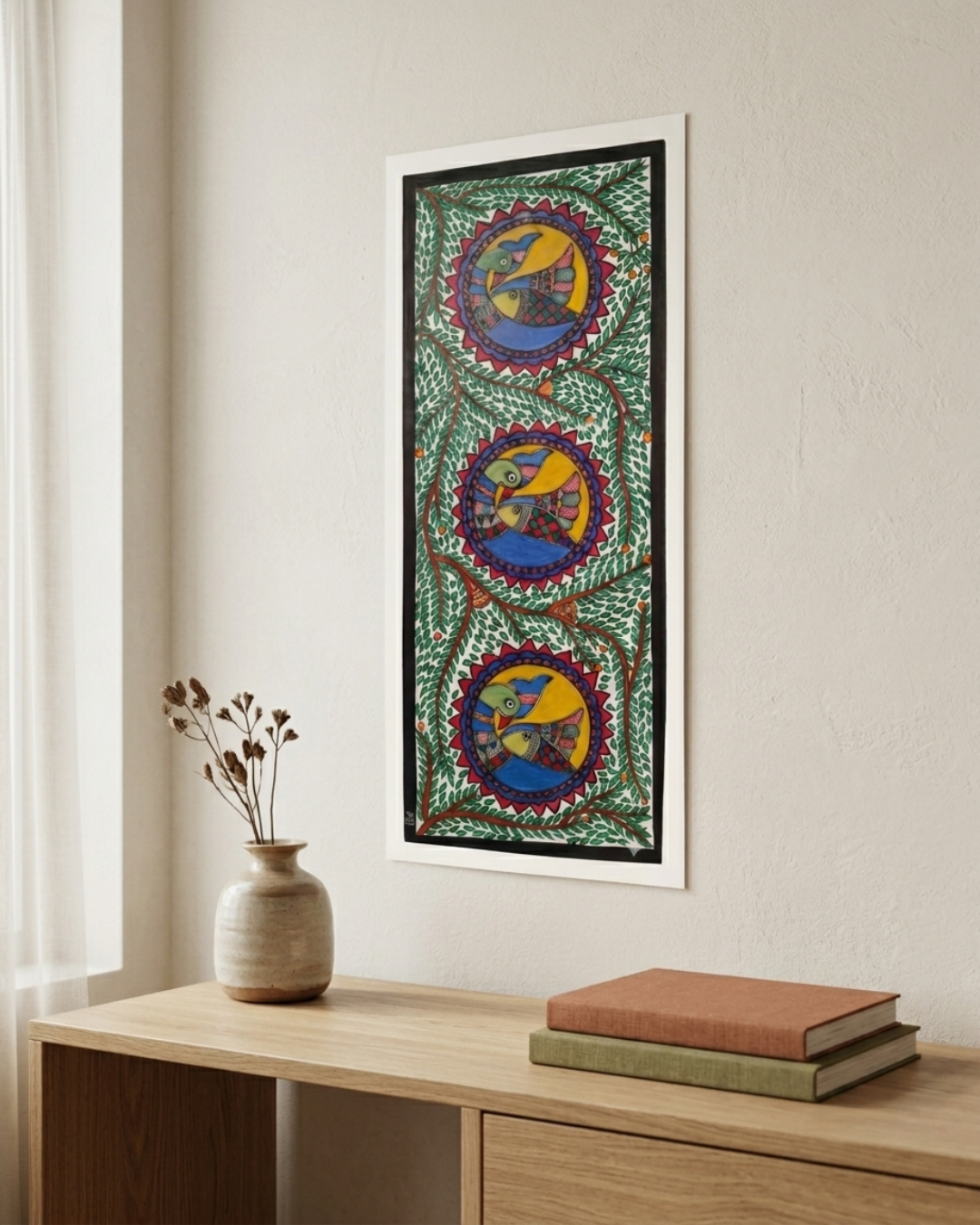 Peacocks and Fish Madhubani Painting on Handmade Paper (11x28 Inch) – Traditional Mithila Folk Art Wall Decor