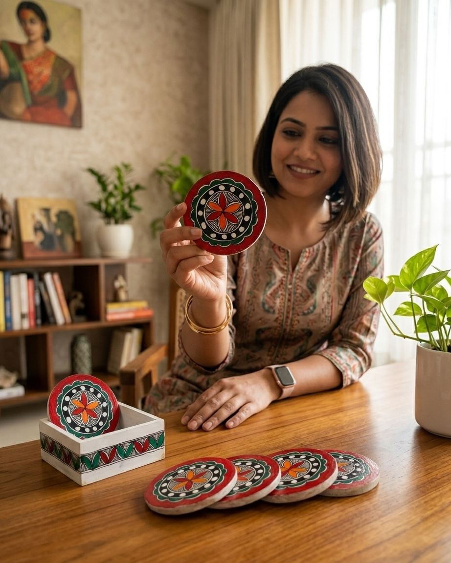 Handmade Rangoli Design Coaster Set Madhubani Painting with Stand | Set of 6 Tea Coasters