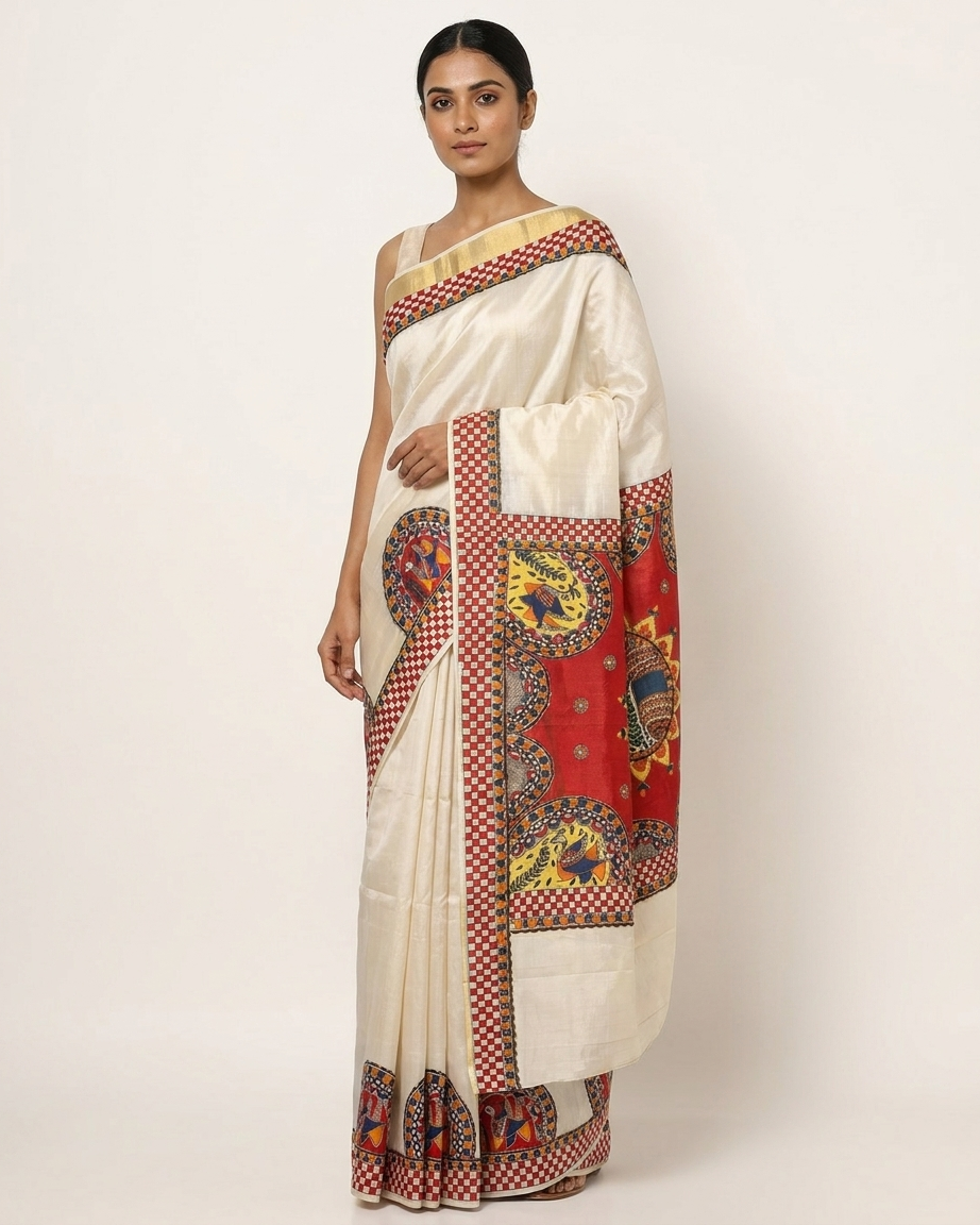 Handmade Madhubani Painting Kerala Cotton Saree with Blouse | Ethnic Saree