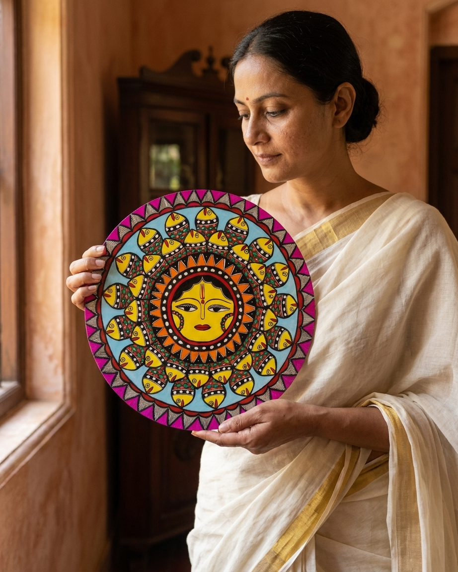 Handmade Surya & Fish Madhubani Wall Art on MDF Board – Traditional Mithila Painting Decor