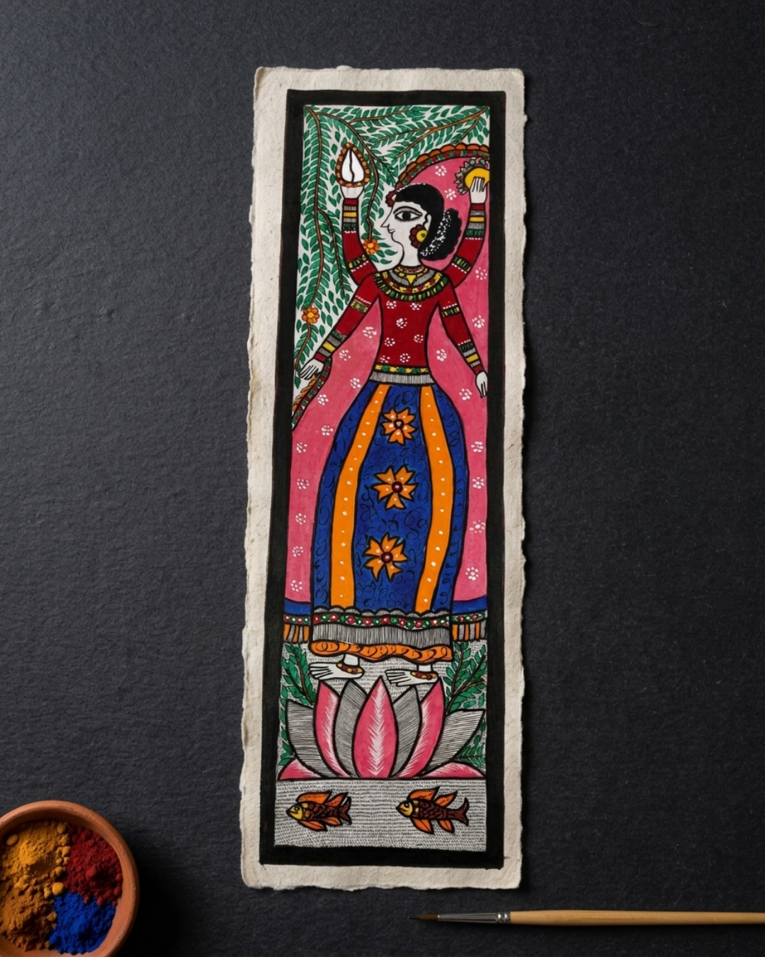 Mata Laxmi Madhubani Painting on Handmade Paper (10x30 Inch) – Traditional Mithila Folk Art Wall Decor