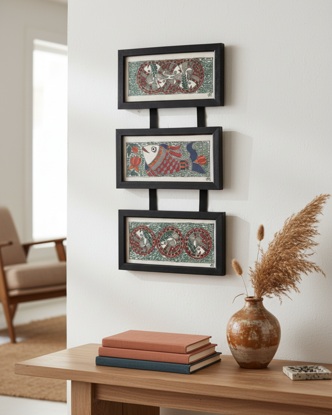 Fish Raas Madhubani Triple Frame Wall Hanging – Handmade Decor