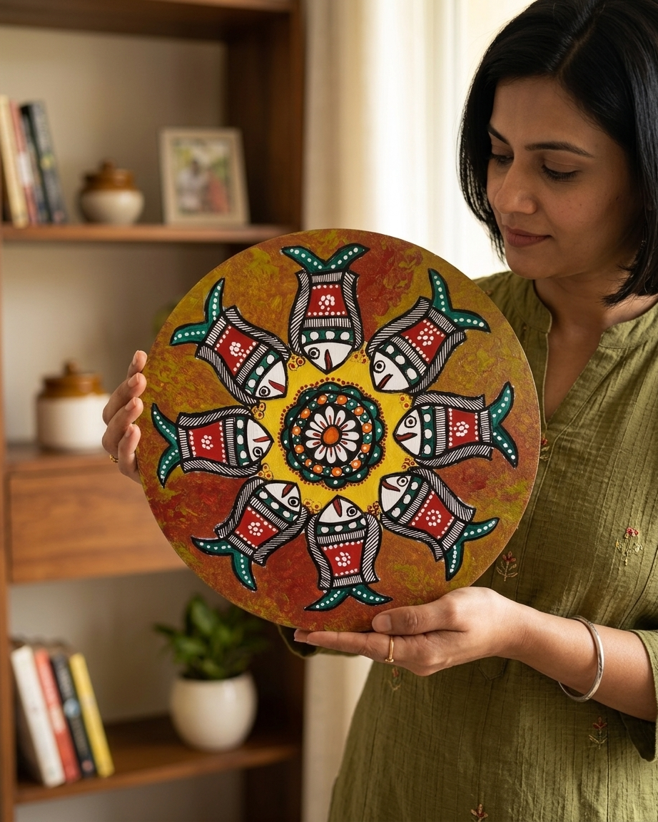 Fish Madhubani Wall Art on MDF Board – Handmade Mithila Painting for Home Decor