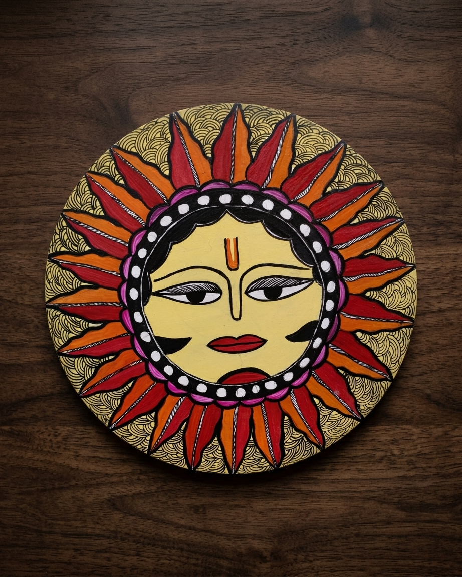 Handmade Lord Surya Madhubani Painting Wall Art on MDF Board  – Traditional Mithila Art Decor