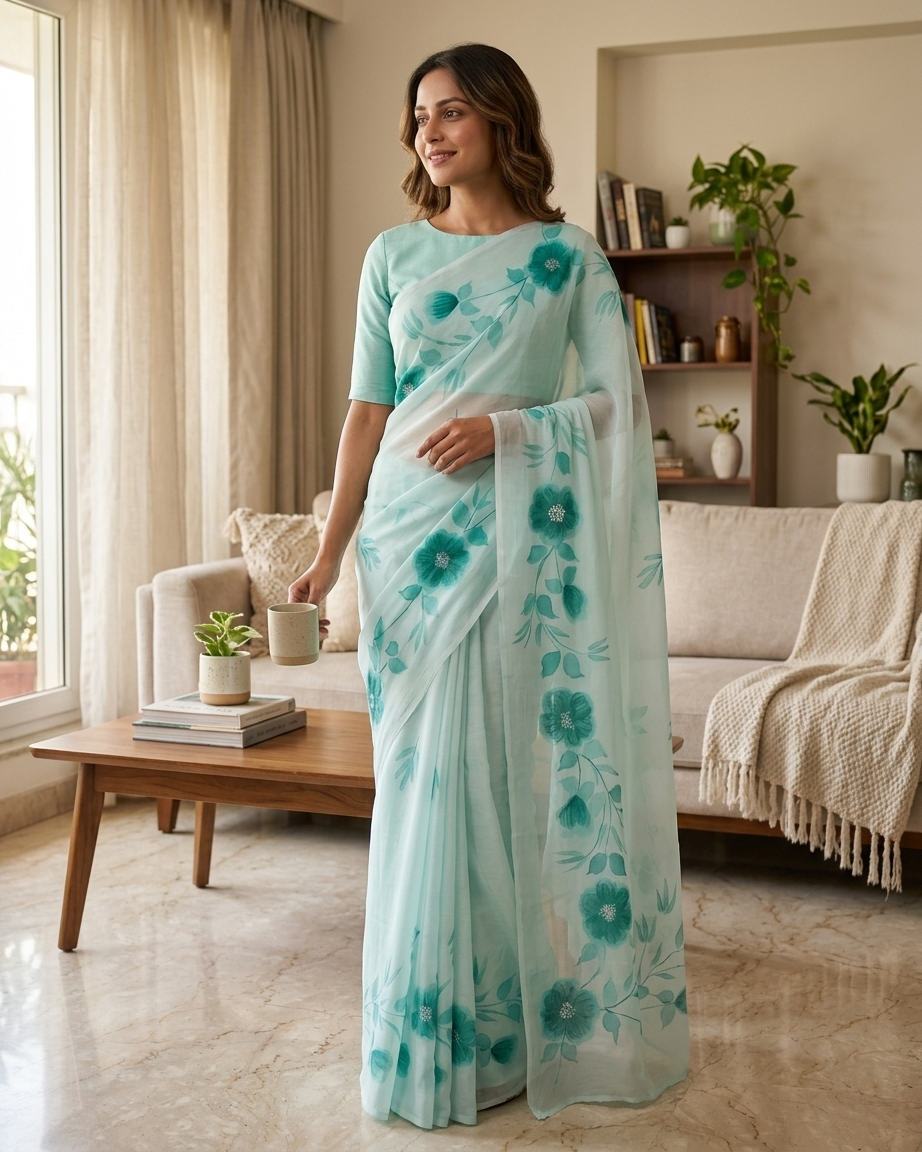 Mint Green Floral Handmade Madhubani Painting Saree with Blouse
