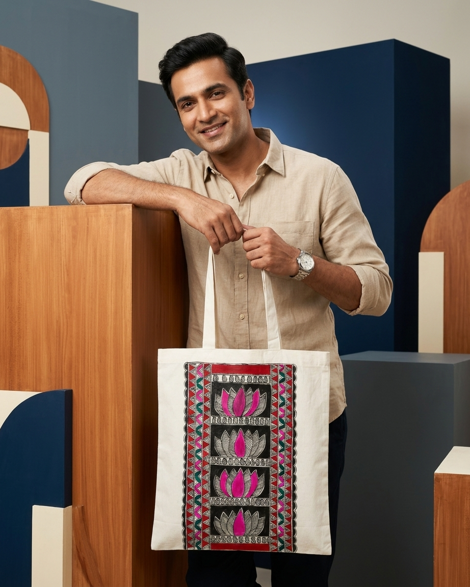 Handcrafted Madhubani Painting Tote Bag – Reusable Shoulder Bag for Everyday Use