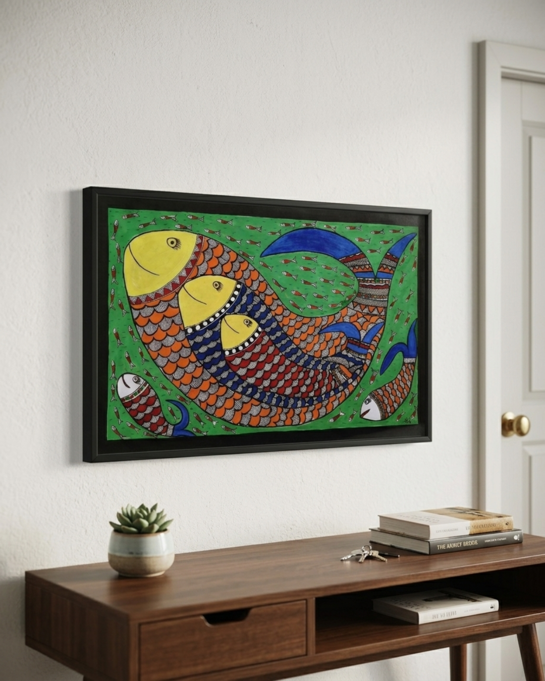 Fish Madhubani Painting on Handmade Paper (14x22 Inch) – Traditional Mithila Folk Art Wall Decor