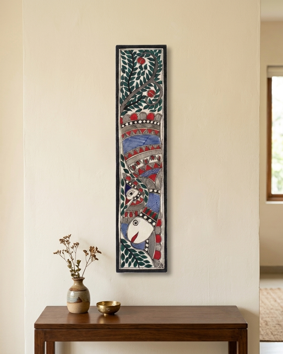 Fish and Peacock Madhubani Painting Handmade Paper Wall Art Without Frame