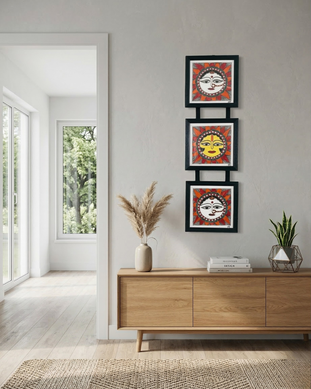 Sun Madhubani Triple Frame Wall Hanging – Handmade Mithila Art Decor