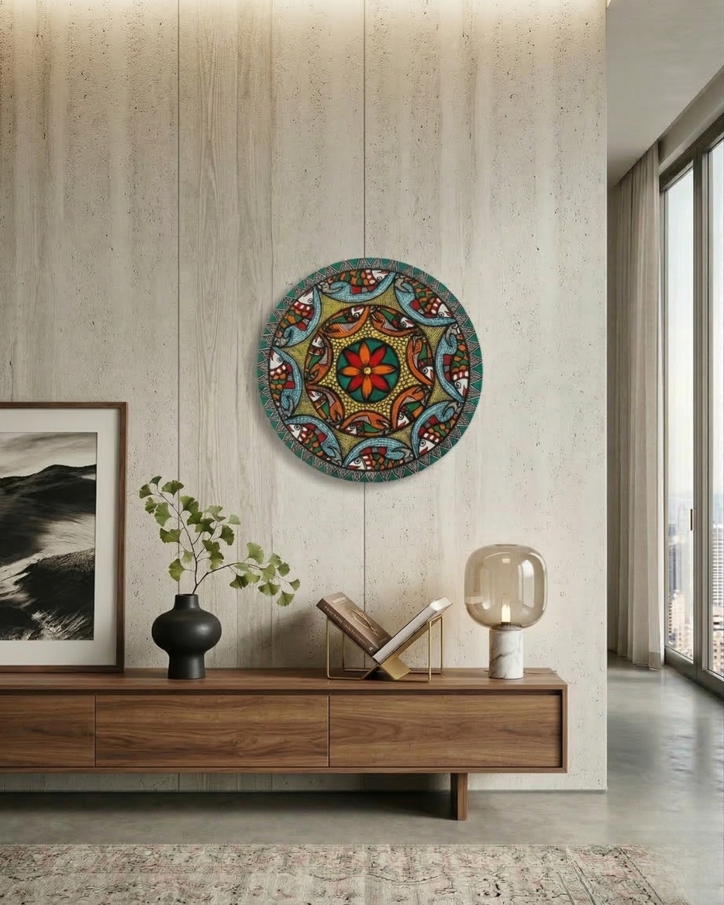 Fish & Lotus Mandala Madhubani Wall Art | 12 Inch MDF Board