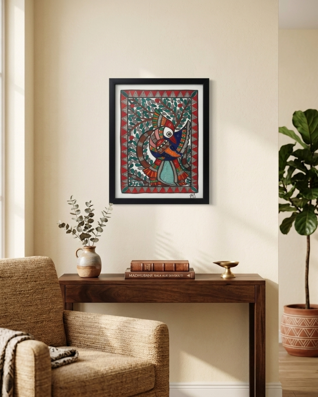 Peacock Madhubani Painting Framed A4 –Wall Art Decor