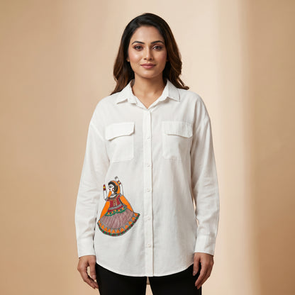 White Handmade Madhubani Painting Women Shirt