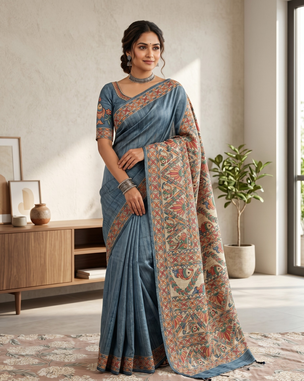 Handmade Madhubani Painting Saree with Blouse | Hand-Painted Ethnic Saree for Women