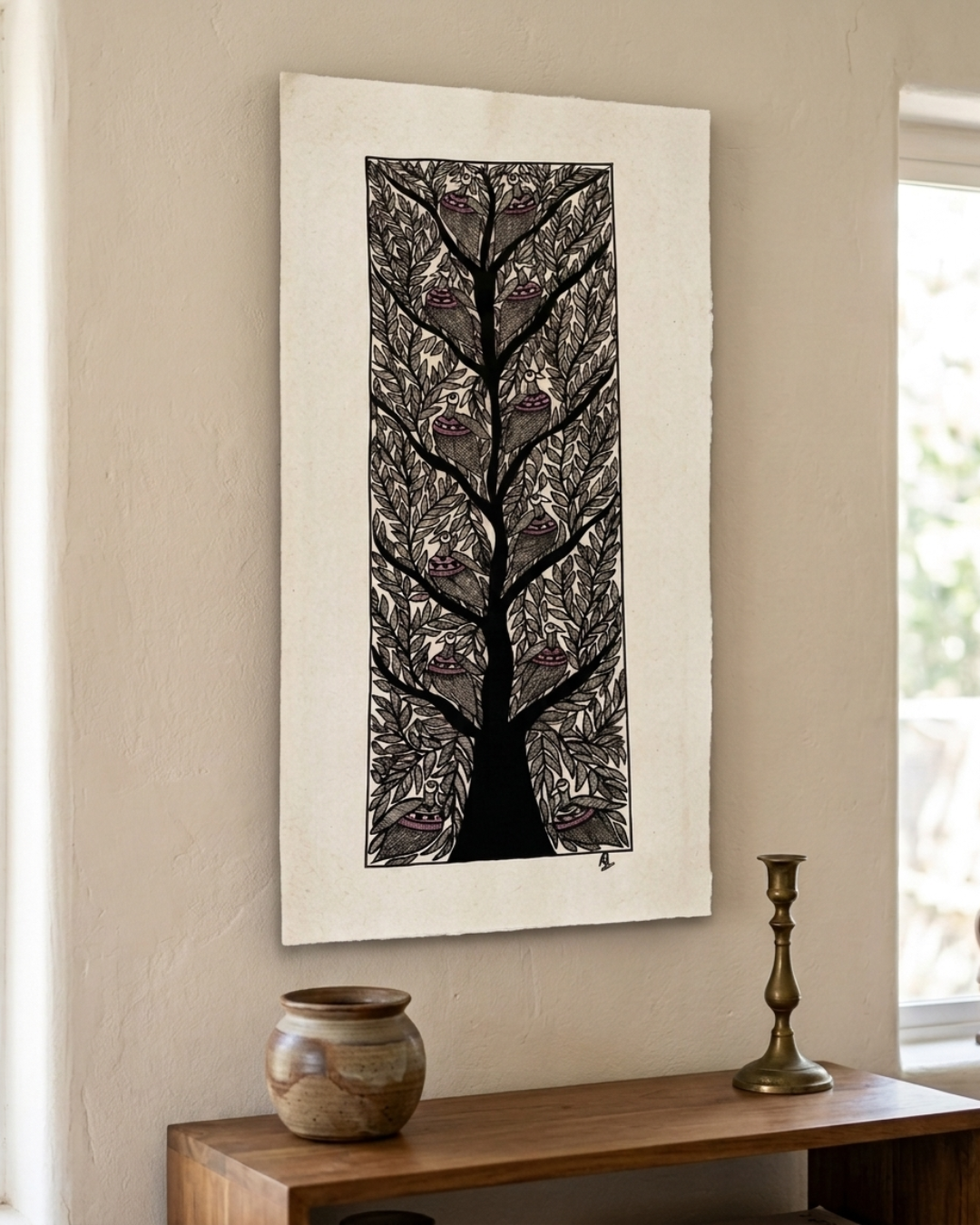 Black & White Tree of Life Madhubani Painting | Handmade Art