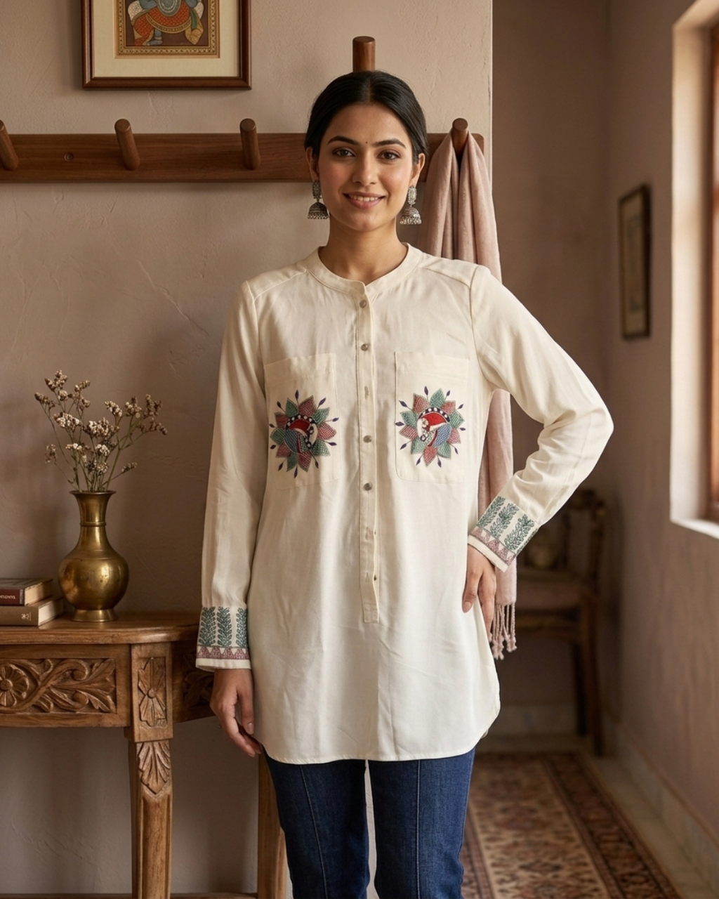 Women Madhubani Painting Long Shirt (Size L) – Handcrafted Ethnic Wear