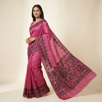 Rani Pink Handmade Madhubani Painting Saree for Women