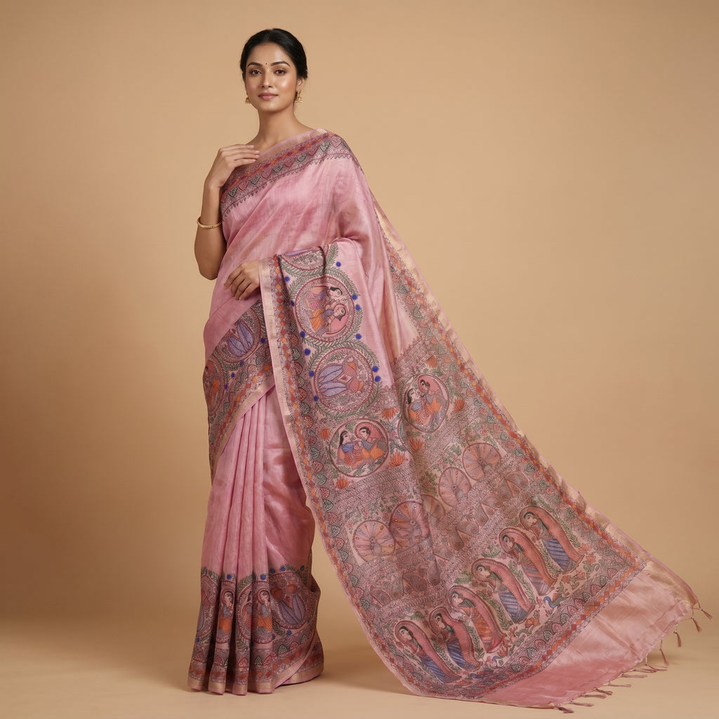 Baby Pink Handmade Madhubani Painting Saree with Blouse