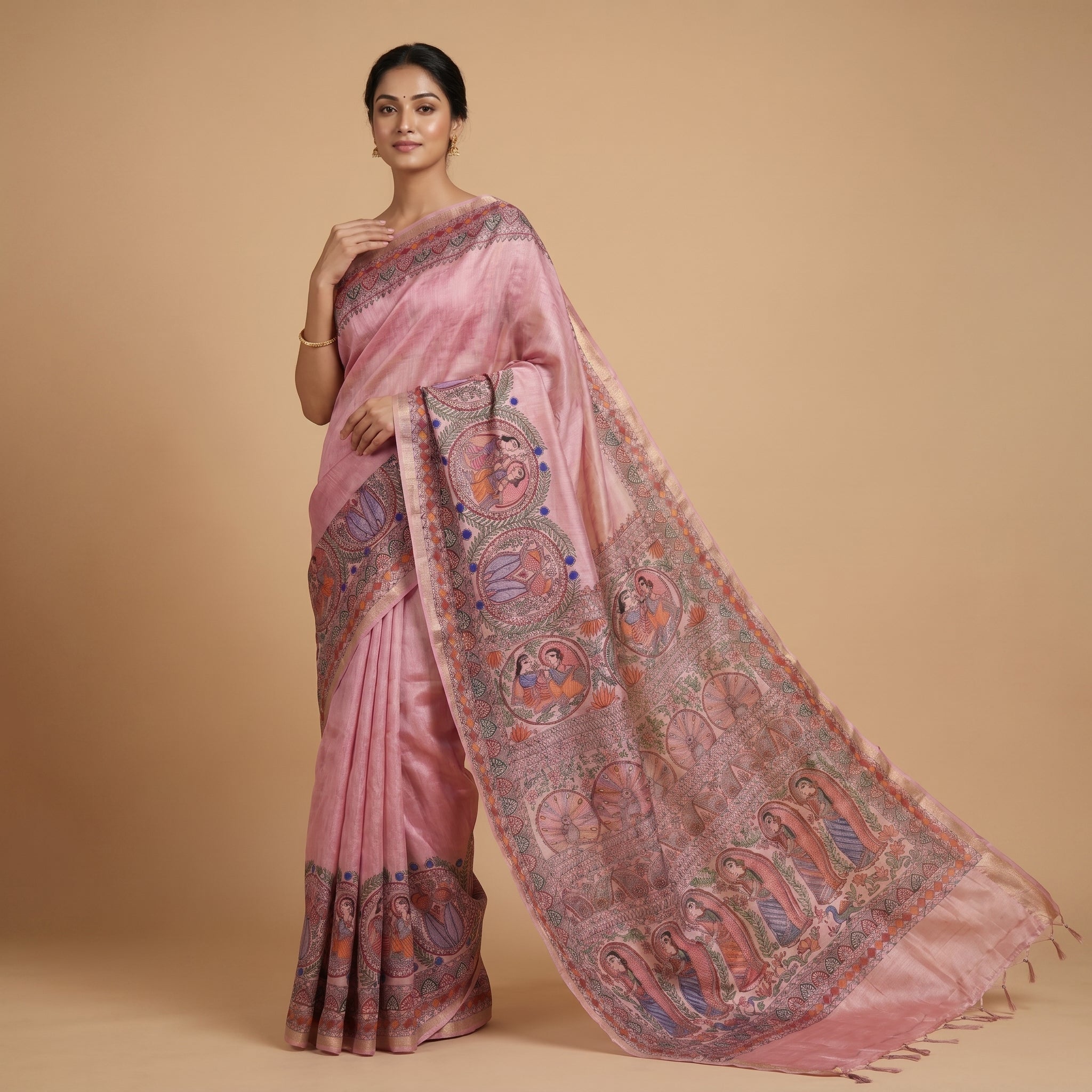 Baby Pink Handmade Madhubani Painting Saree with Blouse