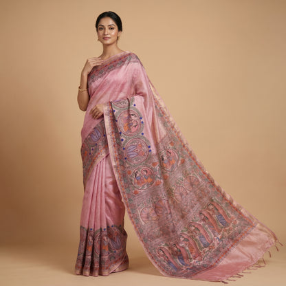 Baby Pink Handmade Madhubani Painting Saree with Blouse