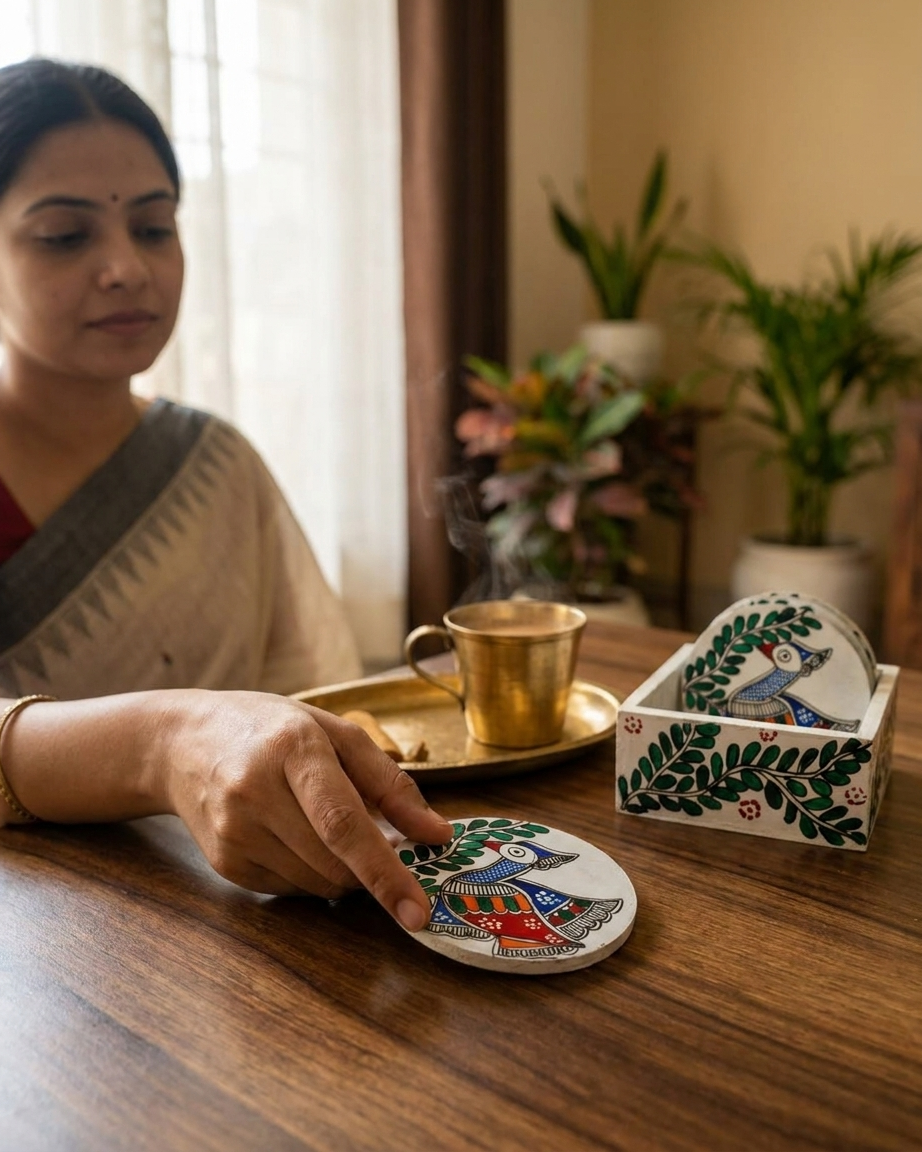 Handmade Peacock Design Coaster Set Madhubani Painting with Stand | Set of 6 Tea Coasters