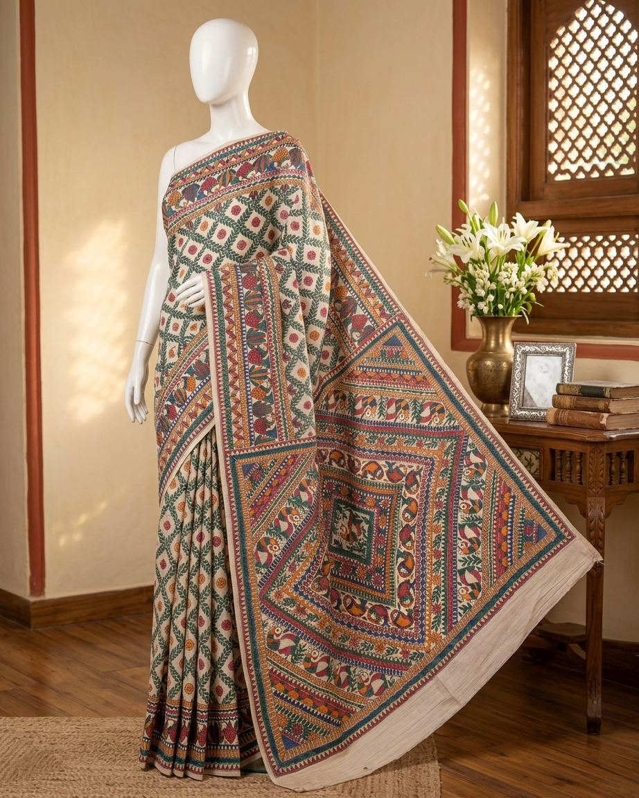 Handmade Madhubani Painting Saree with Blouse | All Over Hand-Painted Ethnic Saree