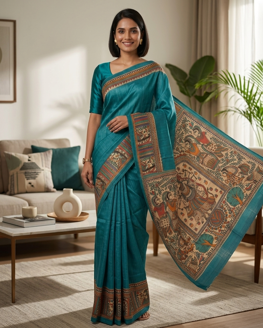 Traditional Bright Blue Handmade Madhubani Painting Saree with Blouse