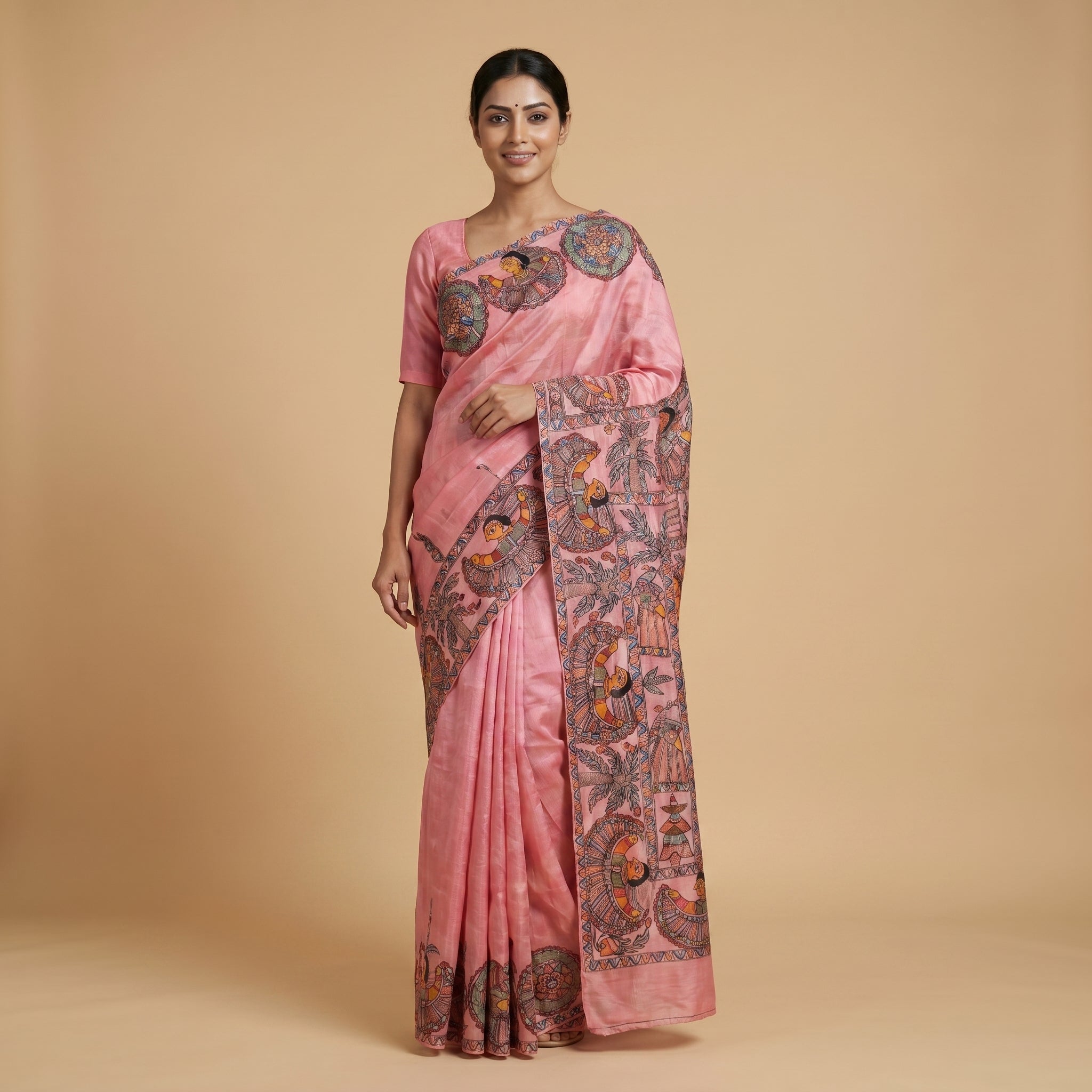 Baby Pink Handmade Madhubani Painting Saree with Blouse