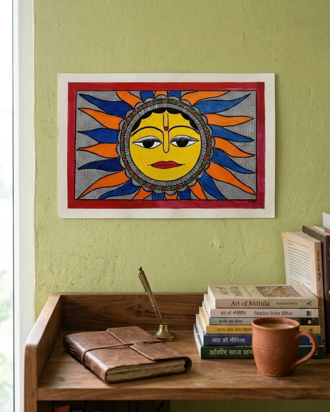 Sun Madhubani Painting on Handmade Paper (14x22 Inch) – Traditional Mithila Folk Art Wall Decor