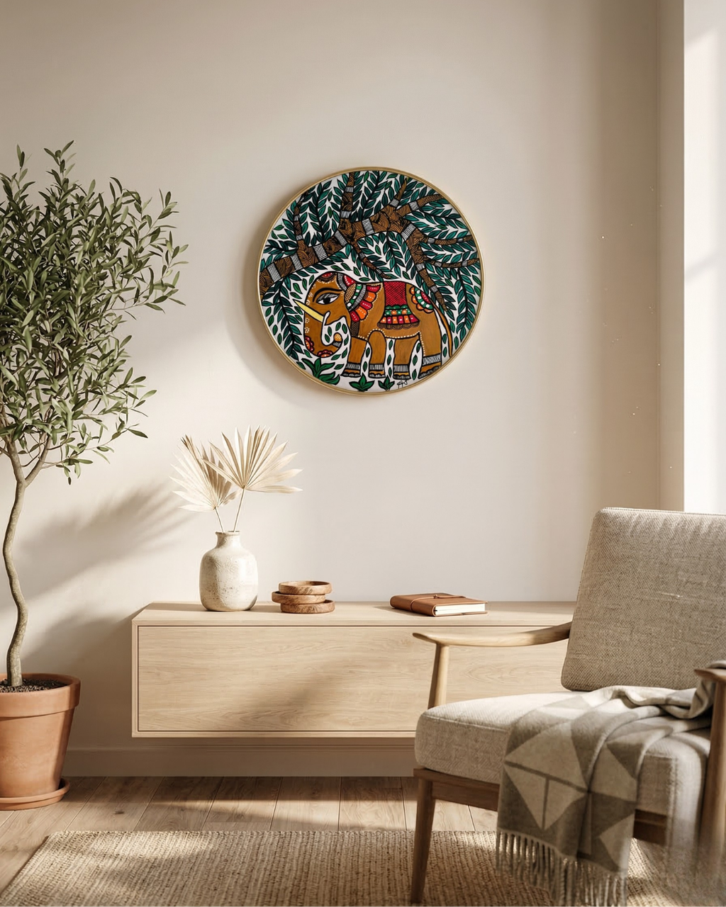 Royal Elephant & Sacred Tree Madhubani Wall Art | 12 Inch MDF Board