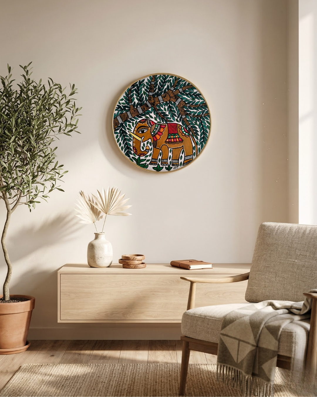 Royal Elephant & Sacred Tree Madhubani Wall Art | 12 Inch MDF Board