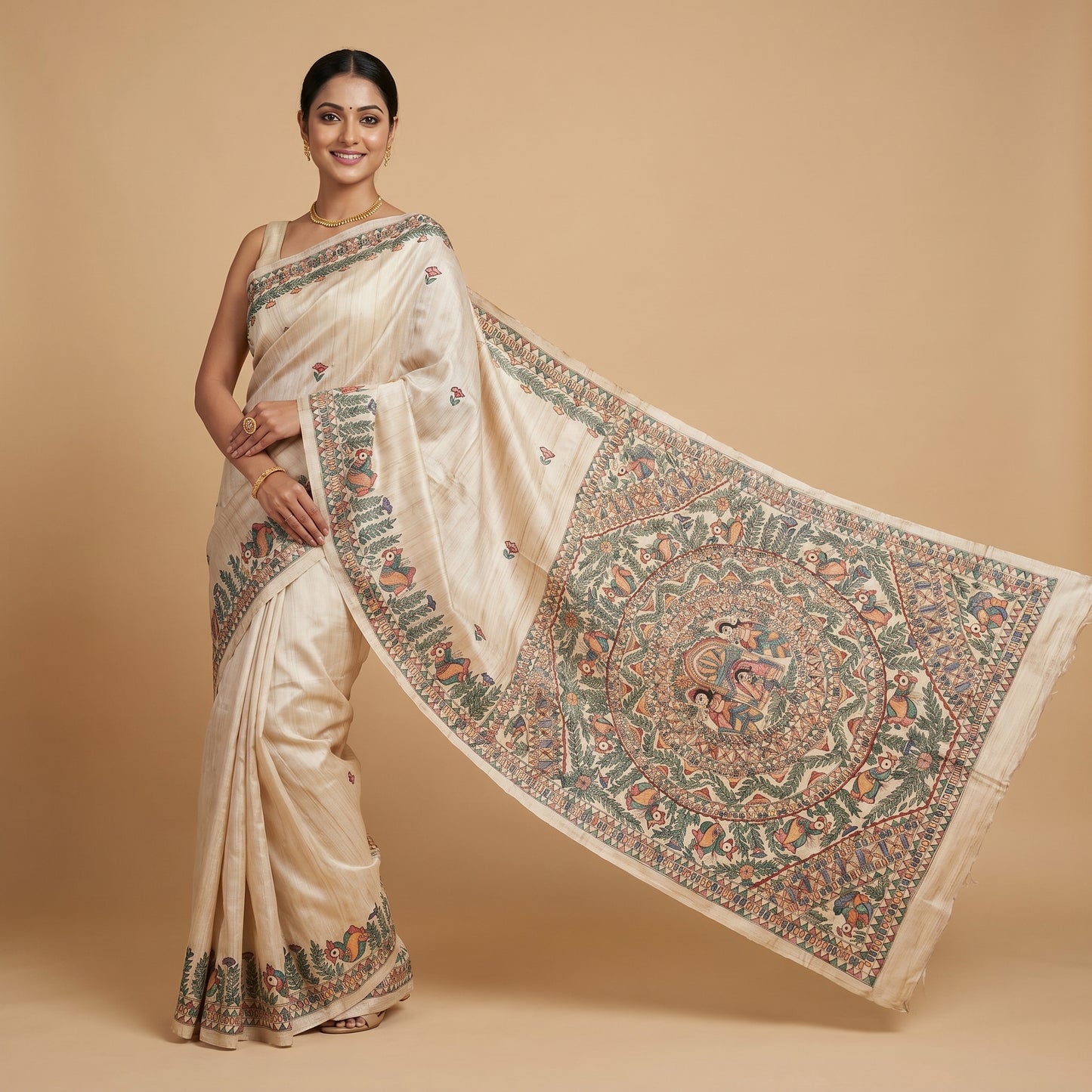 Light Cream Handmade Madhubani Painting Saree for Women