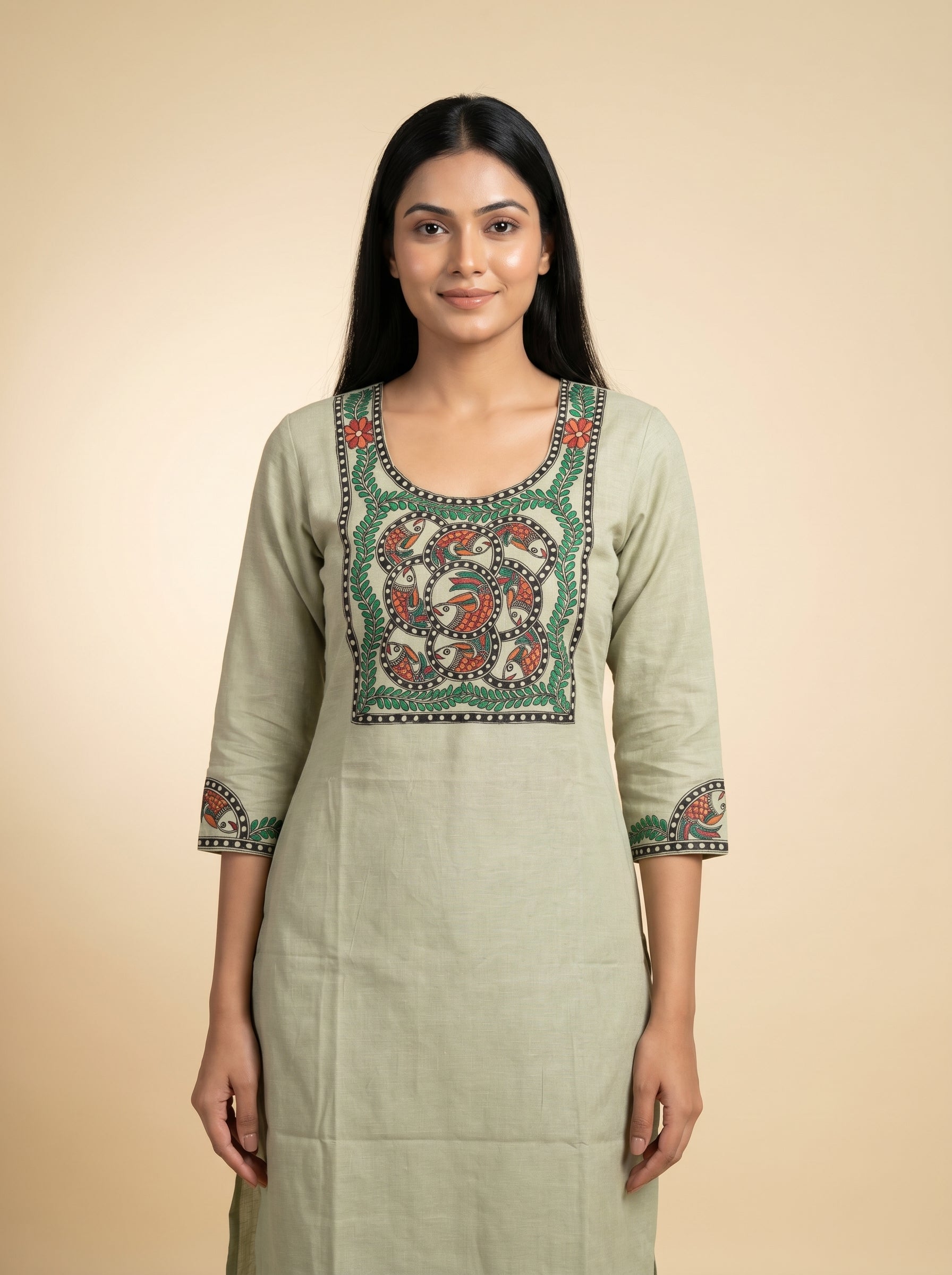 Hand-Painted Madhubani Unstitched Kurti |Traditional  Ethnic Wear