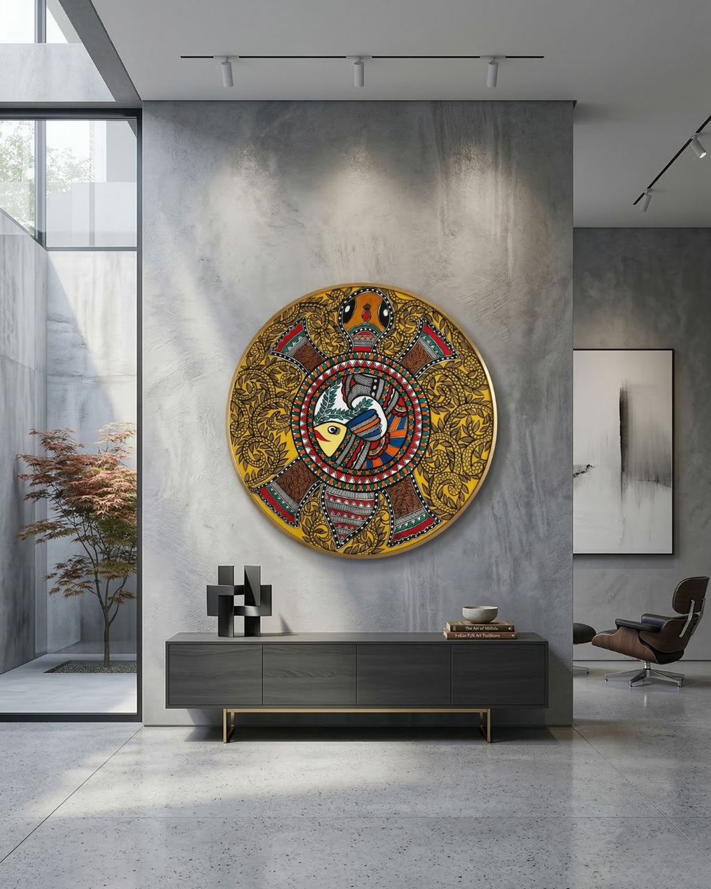 Kurma (Tortoise) with Fish & Floral motifs Madhubani Wall Art | 14 Inch MDF Board
