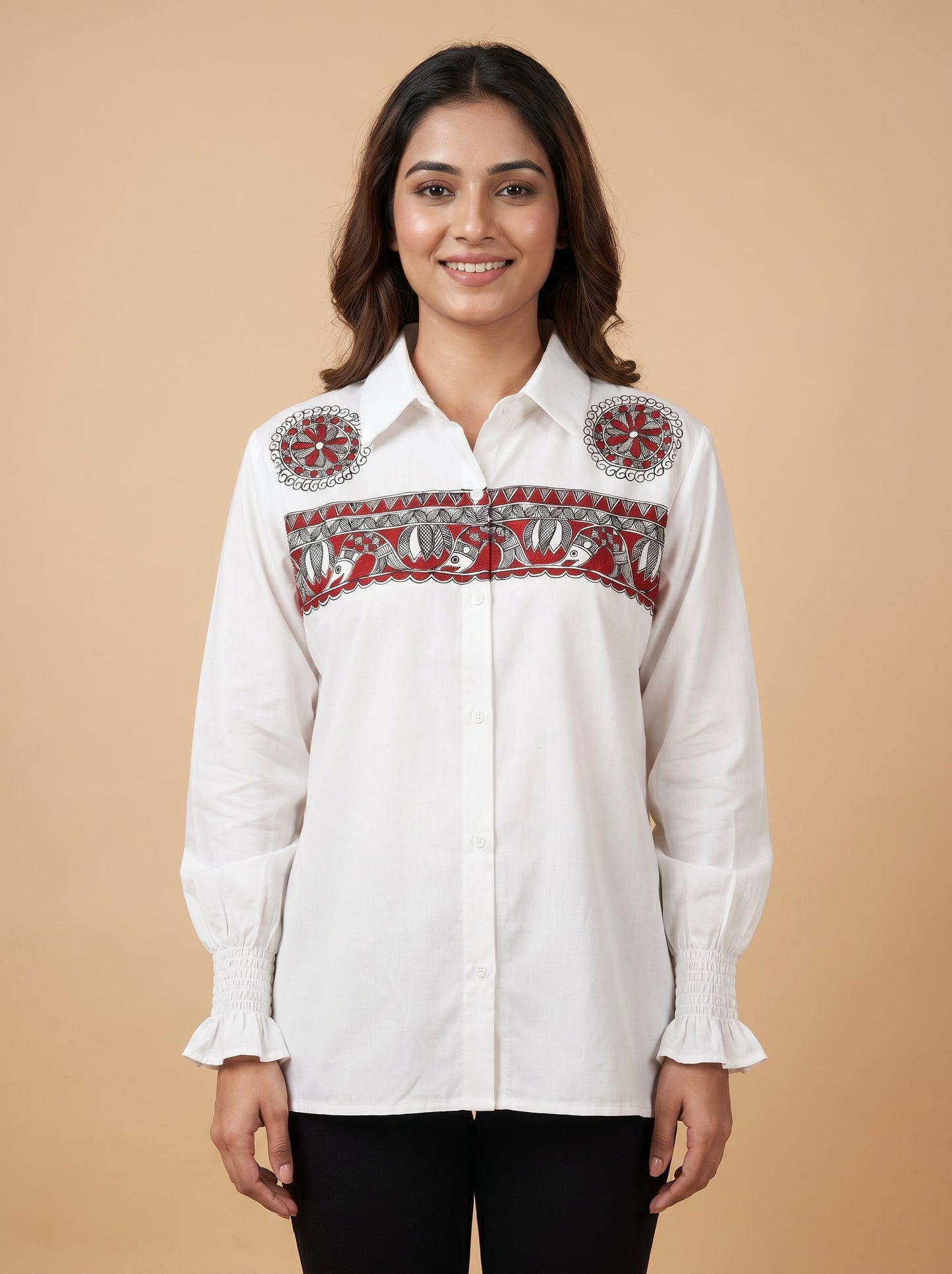 Hand-Painted Madhubani Women's Shirt Folk Art Design