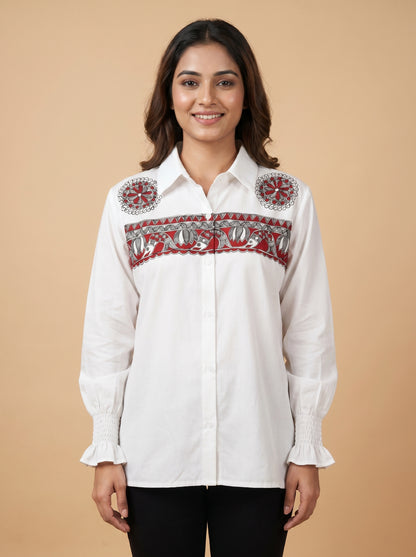 Hand-Painted Madhubani Women's Shirt Folk Art Design