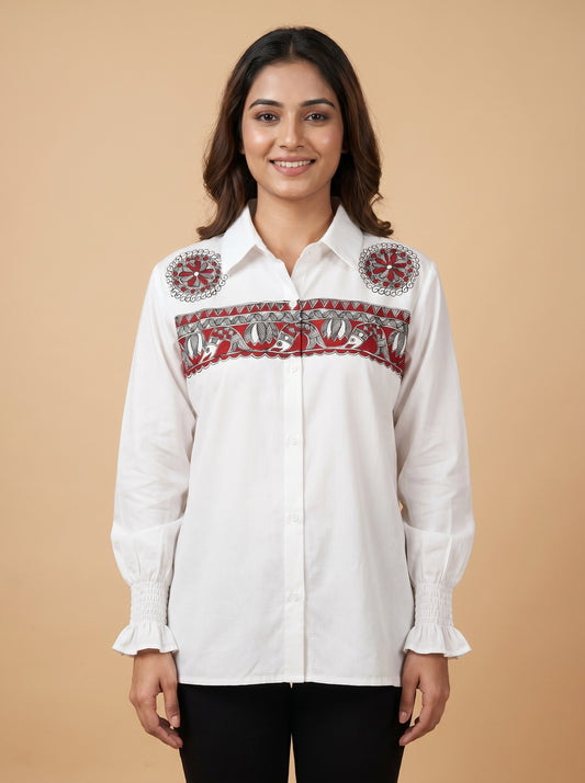 Hand-Painted Madhubani Women's Shirt Folk Art Design