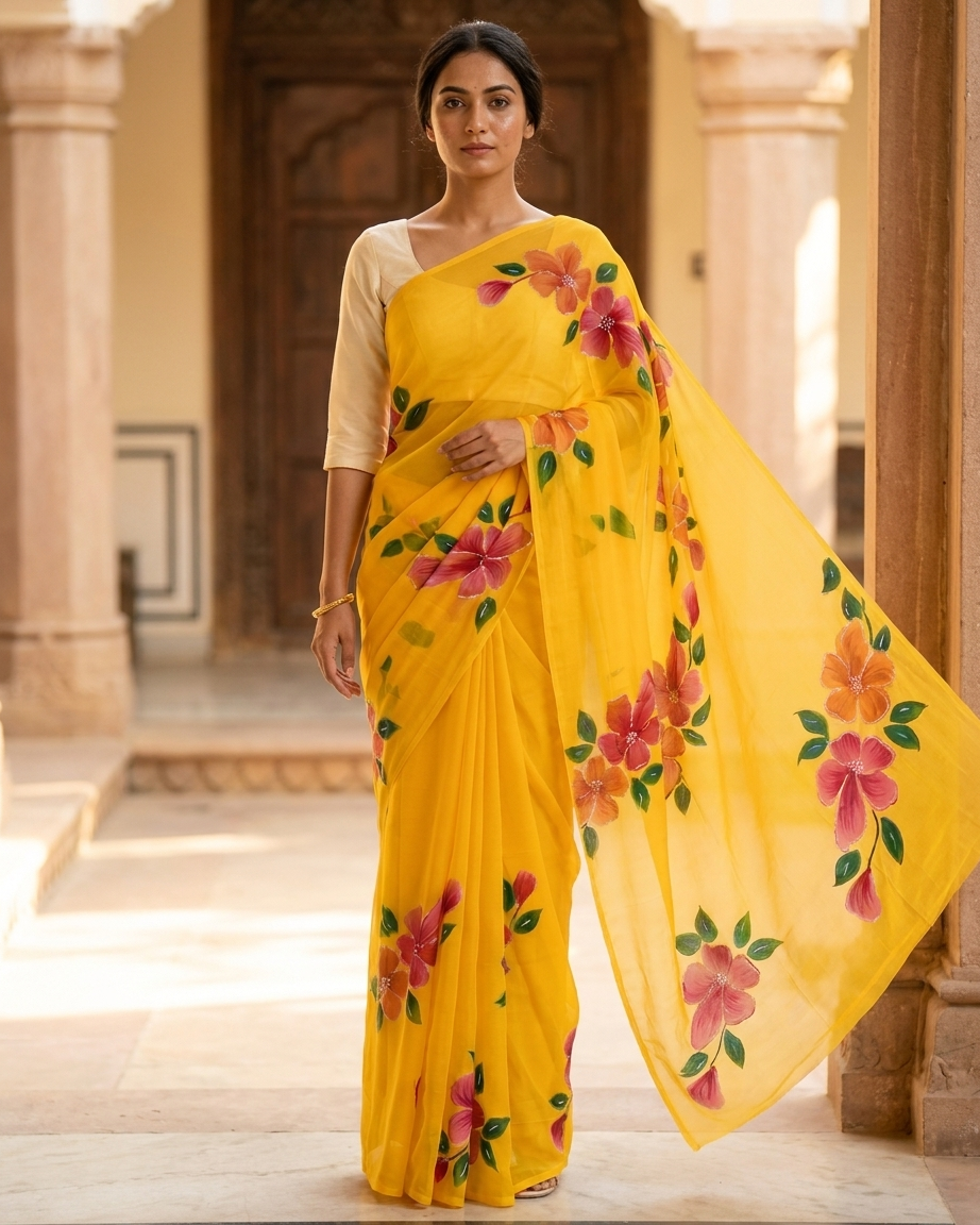 Bright Yellow Floral Handmade Madhubani Painting Saree with Blouse