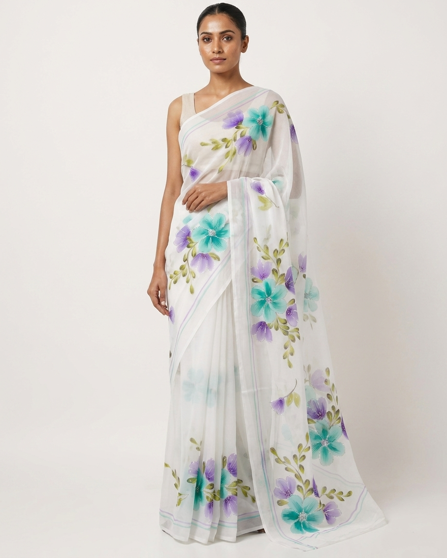 White Floral Handmade Madhubani Painting  Saree with Blouse