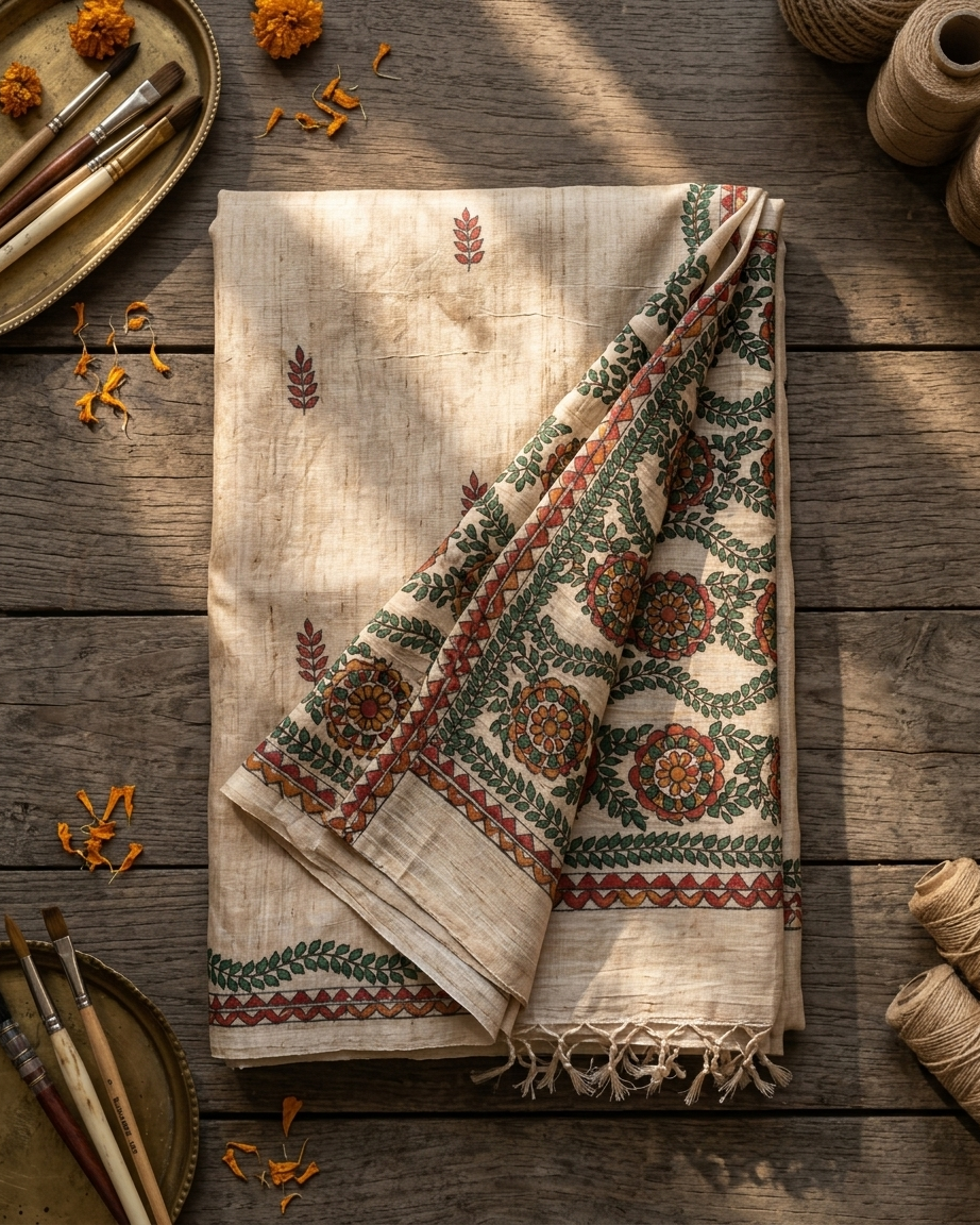 Handmade Madhubani Painting Saree with Blouse | Ethnic Saree