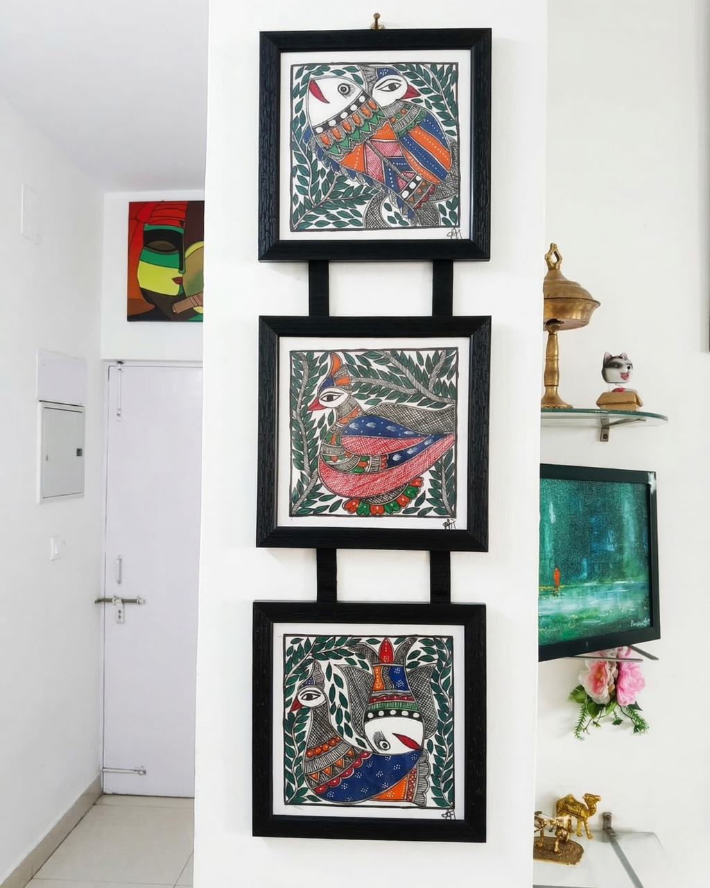 Fish & Peacock Madhubani Triple Frame Wall Hanging – Handmade Decor