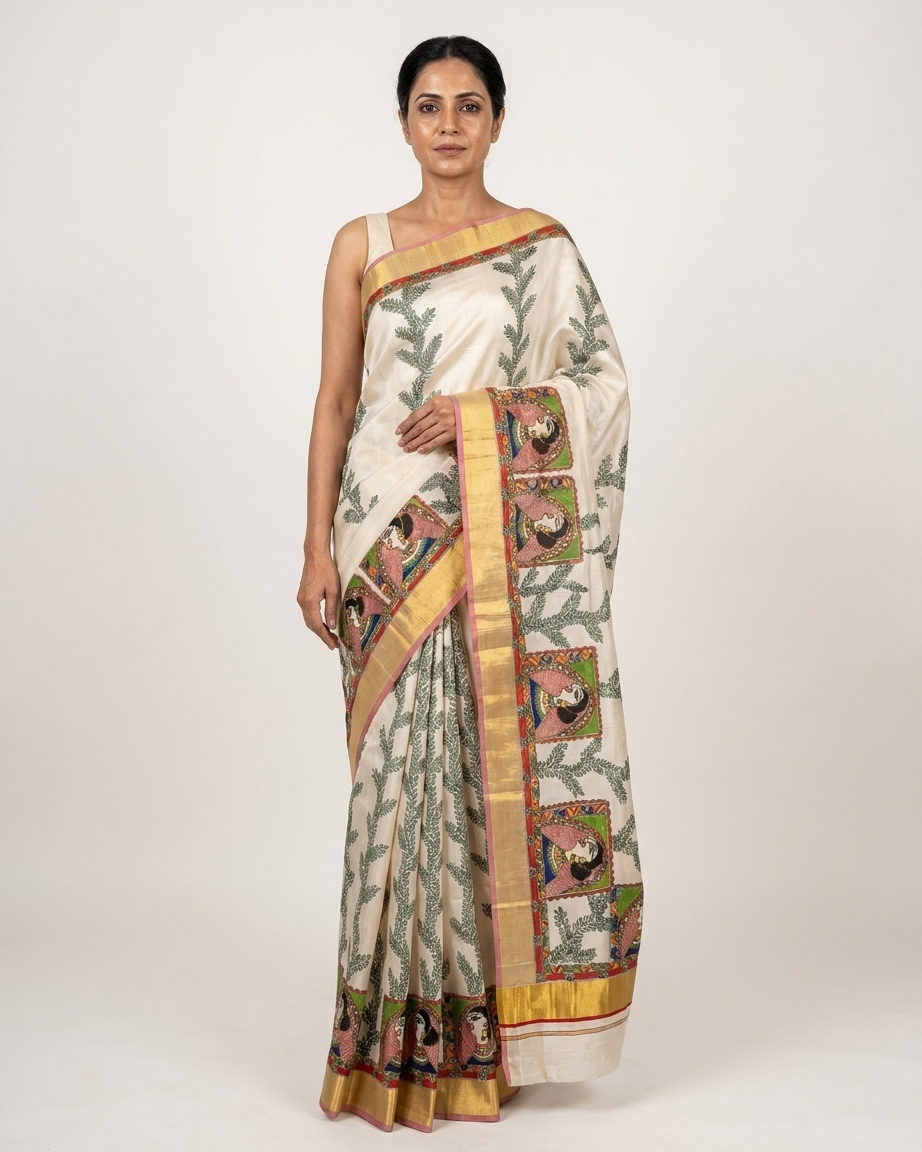 Cream Colour Handmade Madhubani Painting Saree with Blouse