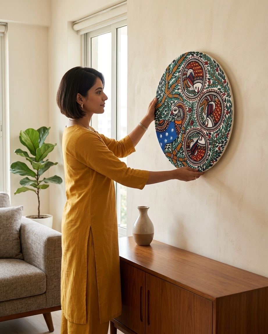 Peacock and Fish Madhubani Wall Art on MDF Board – Handmade Mithila Painting for Home Decor